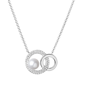 Lančić u boji srebra s privjeskom kojeg čine dva povezana kristalna kruga i perla Dar mami