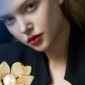 Beautiful brunette girl with a golden brooch in a dark suit doing a photoshooting